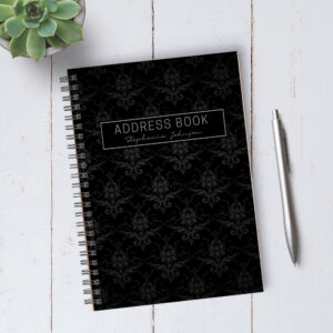 Personalizable Black Damask Address Book / A5 / Coil Bound
