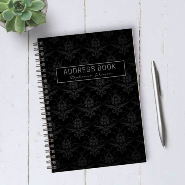 Personalizable Black Damask Address Book / A5 / Coil Bound